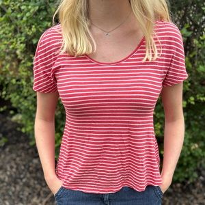 Open Shoulder Striped Red Short Sleeve Top